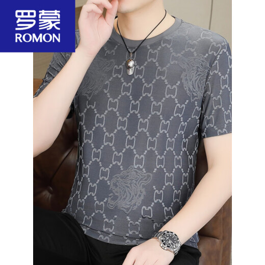 罗蒙（ROMON）冰丝凉感透气短袖t恤男夏季2025新款潮牌欧货男装半袖上衣服新品 Q6627卡其 L 约115-135斤可穿