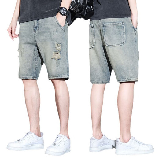 常缕竺潮流破洞牛仔五分裤男宽松阔腿大码休闲中裤子复古风直筒夏季短裤 2ZC719蓝色 28 适90-110斤