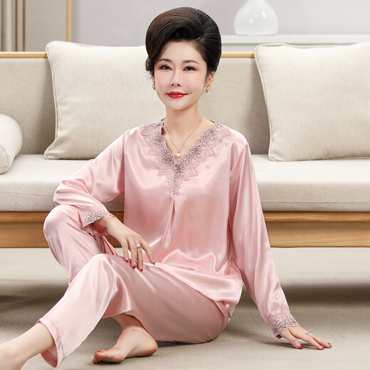 雅鹿冰丝睡衣女2025年新款春夏季薄款长袖中老年人家居服套装 684银色(长袖长裤) M 码建议8095斤