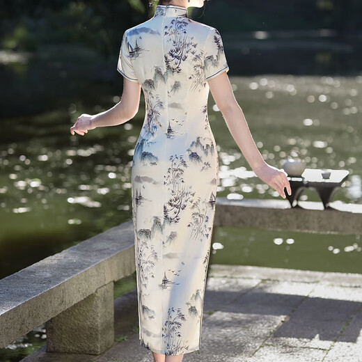 Ink-painted satin modified cheongsam for everyday girls, slim-fitting stand-up collar and temperament long national style dress JQ15 ink XL (120-130Jin Jin is equal to 0.5kg)