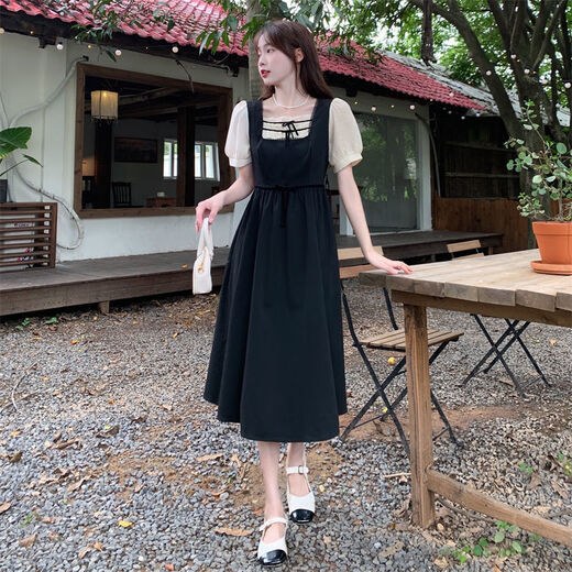 茉衣雅（MOYIYA）【1098人好评】大码赫本风假两件小黑裙女2023夏季新款微胖mm法式 感小黑裙 L 建议98-118斤斤