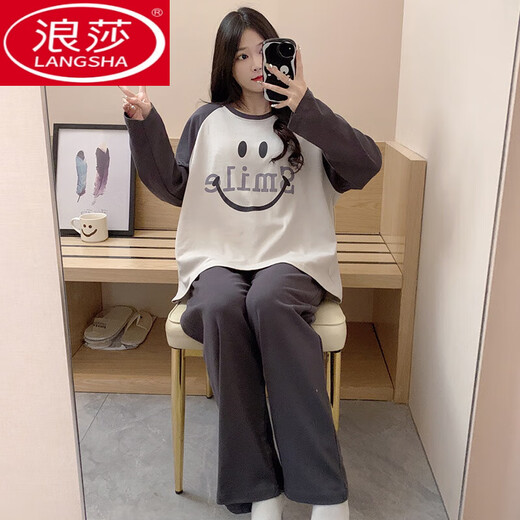 浪莎（LangSha）睡衣女春秋季长袖套装夏天2025新款女士简约可爱宽松秋款家居服 16802 M 【75斤-100斤】