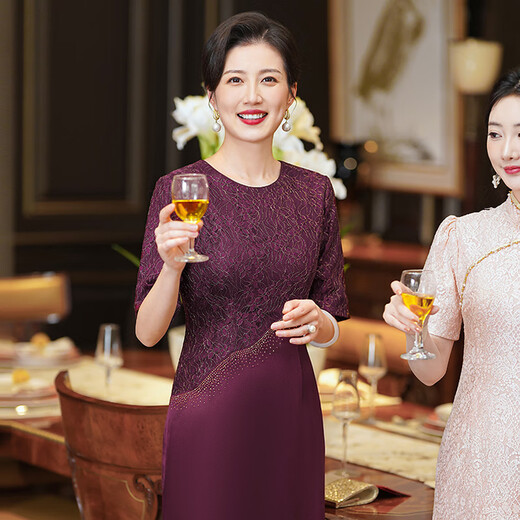 
KaYOULAI's daughter married mother's high-end dress for marriage noble young style new purple dress happy mother-in-law wedding reception 9767 purple acetic acid round neck M85-95Jin[Jin equals 0.5 kg] All size