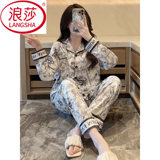 LangSha 2024 new gold velvet pajamas for women in spring, autumn and winter long-sleeved cardigan ink painting high-end home clothes can be worn outside 5009 2XL (recommended 131-155 Jin [Jin equals 0.5 kg])