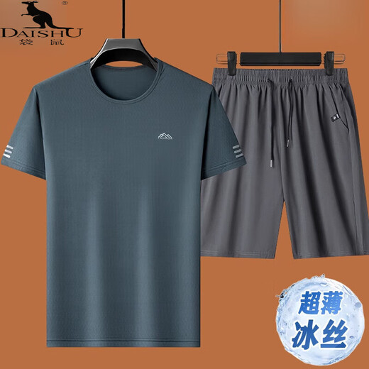 
Kangaroo (DaiShu) T-shirt for men's summer real ice silk round neck short sleeve shirt and shorts two-piece set for men's breathable quick-drying casual sports suit Set 5012 black M 165 suggests 90-120Jin [Jin equals 0.5 kg]
