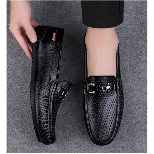 Le prince Yierkang porte 2025 Chaussures de bonnet en cuir authentique pour hommes pour le printemps nouvelles chaussures paresseuses décontractées avec un pied pour conduire les chaussures de voiture en cuir britannique wenzhou chaussures en cuir noir 9905 trous 42