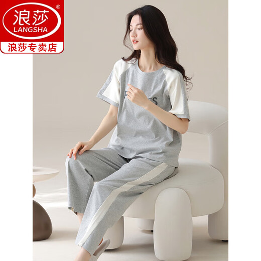 浪莎（langsha）女士短袖纯棉睡衣套装夏季长裤家居服韩版薄款可外穿夏天卡通 Y9719 M (建议75-95斤)