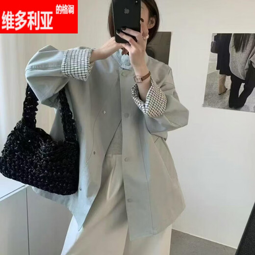 维多利亚的格调2025春装新款立领格纹袖口风衣外套中长款韩版时尚休闲宽松显瘦女 浅蓝色 M 80-115斤