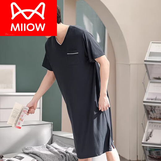 Catman (MiiOW) men's one-piece pajamas men's summer ice silk nightgown modal yukata long nightgown adult bathrobe sexy 844 black L [Suggest 100 140Jin [Jin equals 0.5 kg]]