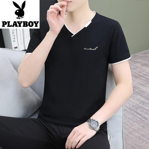 Playboy (Playboy) T-shirt à manches courts de nouveau coton à manches courtes pour hommes à manches courts à manche en V Mlim à moitié à manches décontractées Collit de base de coeur de coeur noir QY694 XL [suggéré 130-140jin [Jin est égal à 0,5 kg]]]
