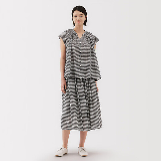 无印良品（MUJI）女式 强捻 抽褶裙 长半身裙女裙子女装格子裙25年夏季BE1VEC5S 黑色格纹 M （160/66A）