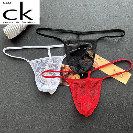 CEOCK Men's Thong Lace Transparent Breathable Sexy Thong Hollow Single Underpants One Pack White One Size 100.-170Jin Jin equals 0.5kg Inner Wear