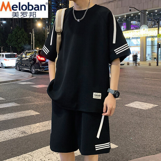 美罗邦（Meloban）休闲运动套装男夏季新款宽松冰丝短袖t恤男士短裤搭配帅气一整套T FKS653白色 L 建议【110-130】斤