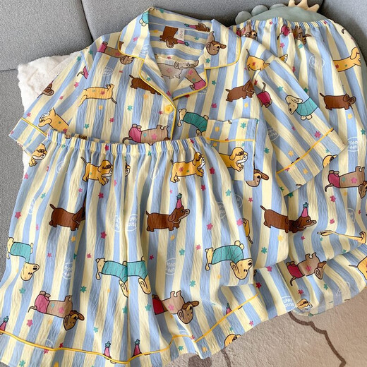 京濮飞卡通腊肠狗短袖睡衣女三件套棉纱布可爱家居服 云朵棉-9906#星星小狗三件套 M 【建议75-100斤】