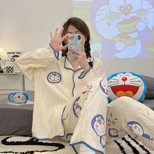 Cool chapter pajamas for women in spring, autumn and winter, long-sleeved pants, thin pure cotton two-piece suit, student loose confinement home clothes, long-sleeved cardigan suit 9207, one size fits all, m size 70-95Jin Jin is equal to 0.5 kg