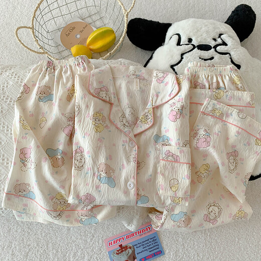Jingpufei cartoon puppy pajamas for women in summer thin cotton silk home clothes three-piece set Yunduo Cotton-9906# Star puppy three-piece set M [Suggestion 75-100Jin [Jin equals 0.5 kg]]