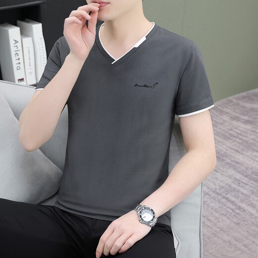 七匹狼（septwolves）夏季纯棉男士短袖恤领薄款修身青年潮流半截袖男休闲鸡心领体恤 黑色 QY694 M 【95-115斤】