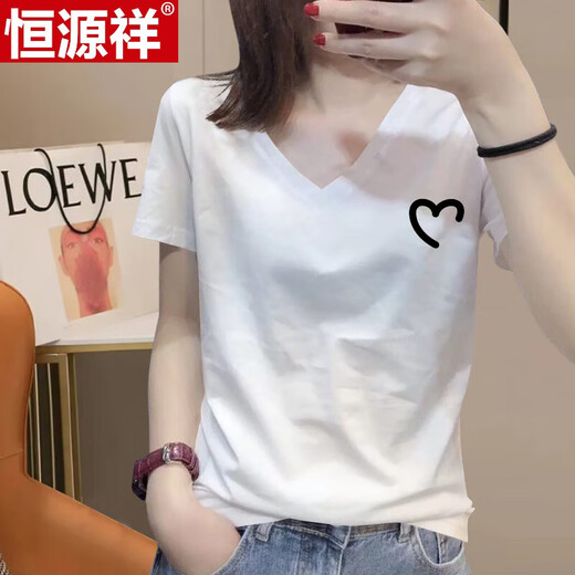 恒源祥v领t恤女短袖白色宽松显瘦2025年夏季新款棉质正肩鸡心领女士上衣 6191白色V领 S 80-100斤