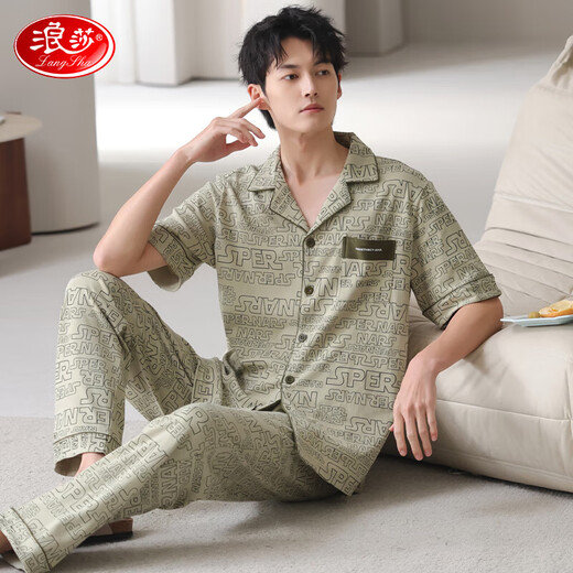 Langsha Pyjamas Herren Sommer Pure Cotton Pull-up-kurzärmelige Hosen Lose große Größen können für lässige Jugend-Hausbekleidungsset N9855 L [empfohlenes Gewicht 100-120 Jin [Jin gleich 0,5 kg]] getragen werden.