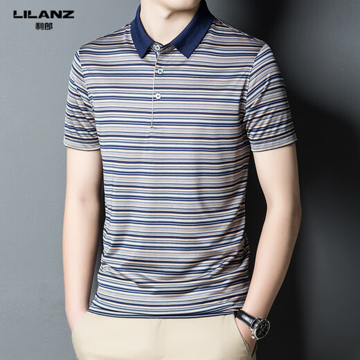 Lilang men's ice silk short-sleeved lapel T-shirt 2025 summer casual loose striped cool thin polo shirt Li N7003 short-sleeved green L 170 [recommended 120-135Jin [Jin equals 0.5 kg]]