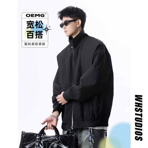 OEMG American high street stand-up collar quilted thickened jacket men's spring, autumn and winter trendy brand anti-aviator loose warm jacket DY2485 black jacket style XL recommended 120-135Jin Jin equals 0.5 kg