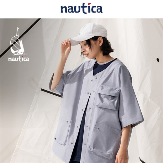 nautica white sail白帆×cityboy 日系中性宽松牛津纺圆弧领多袋短袖衬衫WW5266 灰色02F 2XL