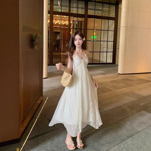Wei Guangli Vestido de cabestro de cuello sin cuello sin cuello sin cuello para mujeres en verano 2025 Nuevo temperamento dulce Vacaciones marinas Chiffon Falda larga Halter de cuello redondeo Falda de cuello Beige M Size recomendado 80-100 Jin [Jin iguala 0.5 kg]
