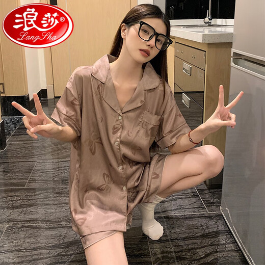 Langsha Light Luxury Style National Pajamas para mujeres en verano se puede usar un nuevo estilo de manga corta para el verano con ropa del hogar de seda delgada BS13077# mariposa M