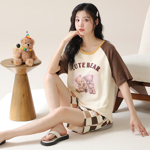 Jiaocaimeng pajamas with breast pads for women summer 100% cotton short-sleeved cartoon girls students and teenagers home wear set QM1355 (with breast pads) 100% cotton M ladies (recommended 80-95Jin Jin equals 0.5 kg)