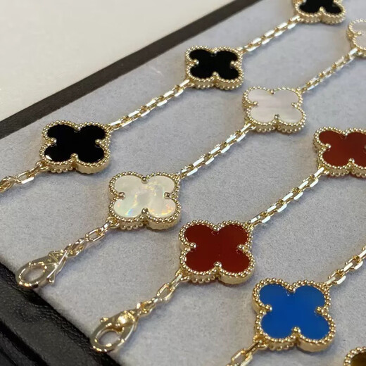 LZJV plated 18K rose gold four-leaf clover, clover, five-flower bracelet for women, white mother-of-pearl, carnelian, rose gold, laser between red agates