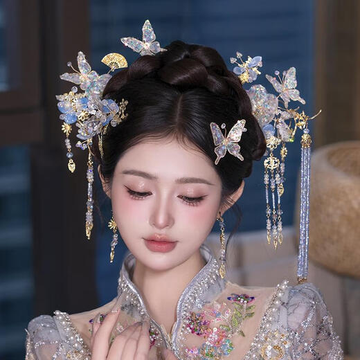 Miqiao blue Xiuhe tiara new Chinese style bride 2025 new simple crystal beaded butterfly dress wedding hair accessories blue crystal model
