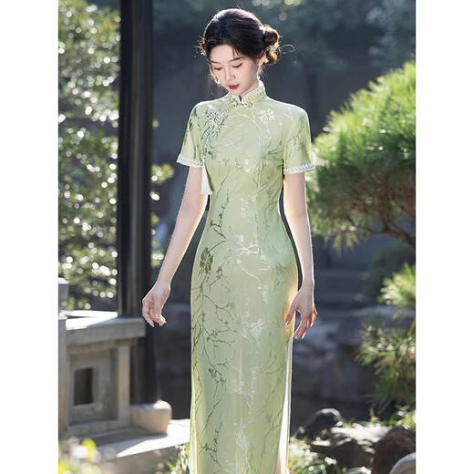 With the European (YIOU) green cheongsam temperament, the new Chinese style new summer college entrance examination dress, young small person 9716 green cheongsam S