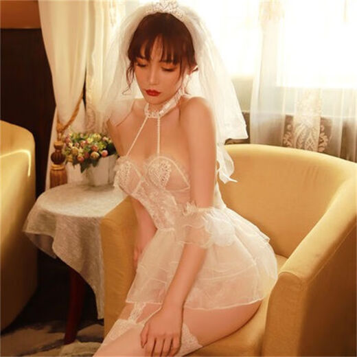 婚纱情趣女性感睡衣透明蕾丝婚纱情趣制服挑逗火辣诱惑套装裙 魅惑黑套装+9756+模特袜 均码80-120斤