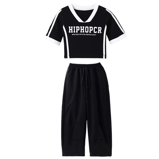 G.DUCKKIDS小黄鸭女童爵士舞服装儿童露脐街舞潮服女孩hiphop嘻哈舞蹈套装 A659黑色短袖上衣 130 尺码7~8岁【120-130cm】