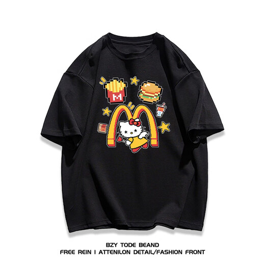 NUKM重磅棉质美式潮牌卡通hellokitty短袖T恤男女夏季休闲时尚上衣ins 纯棉1416薯条凯丽猫白色 M