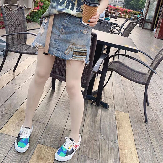Lu yiji hellblauer Jeansrock 2025 Frühlings- und Sommer Neue personalisierte gedruckte Taille Slimming A-Line Denim Rock Trendy W9926# Blue S 80-95jin [Jin ist gleich 0,5 kg]