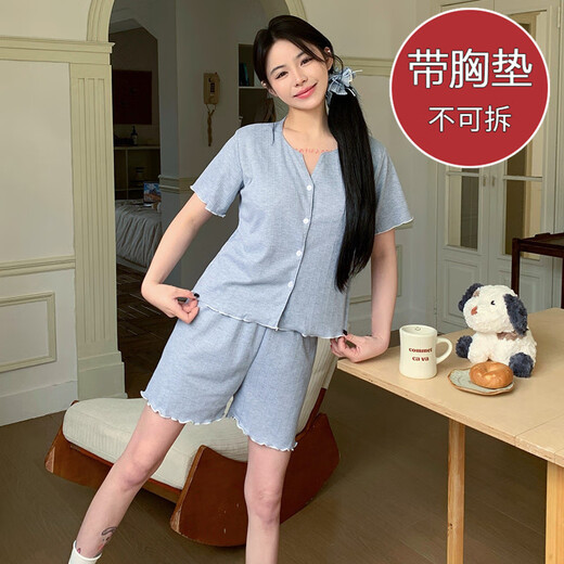 S.SOFEA夏季短袖提花睡衣女公主风薄款两件套装 双短套装DW683蓝花(带胸垫) 175 L(100-120斤)