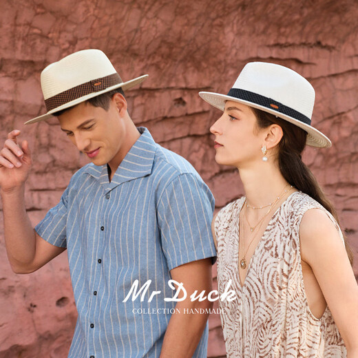 Mr DUCK2025 new product, light and breathable Panama hat, men and women, hand-dyeed cotton and linen plaid webbing topper, sun protection straw hat MS56328-Natural Khaki/Cotton and linen plaid webbing L(57-58cm)