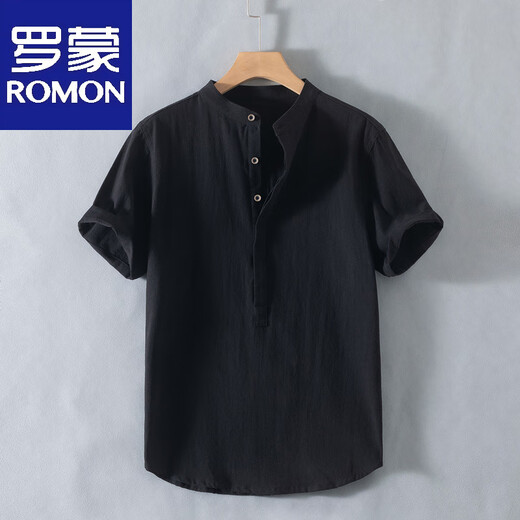 Romon Henry collar linen short-sleeved shirt men's collarless men's cotton and linen shirt t-shirt top polo shirt summer Chinese style RC210 black M