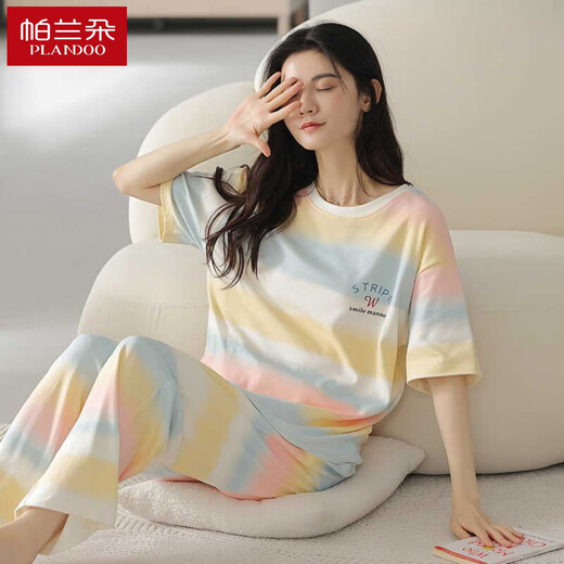 浪莎2025年睡衣女春夏季纯棉短袖长裤薄款韩版可爱彩虹撞色家居服套装 Z9712 M码[建议80-100斤穿] 均码