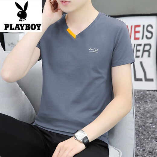 花花公子（PLAYBOY）夏季男士V领半袖T恤潮流休闲小字母印花鸡心领短袖体恤衫 691 白色 3XL 150-170斤