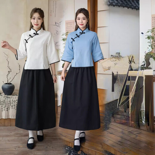 Xin Zhizhan Republic of China student wear for women May 4th youth wear Republican style women's Chinese tunic suit men's stage performance chorus clothing blue top + long skirt M