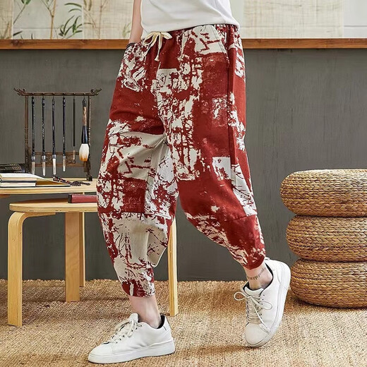 Pantalon de carotte de grande taille pantalon cropped pantalon d'été short masculin lâche de style chinois Blooders mascules harem pantalon Lu 438 Recommandation rouge 3xl [150-165jin [Jin est égal à 0,5 kg]]]