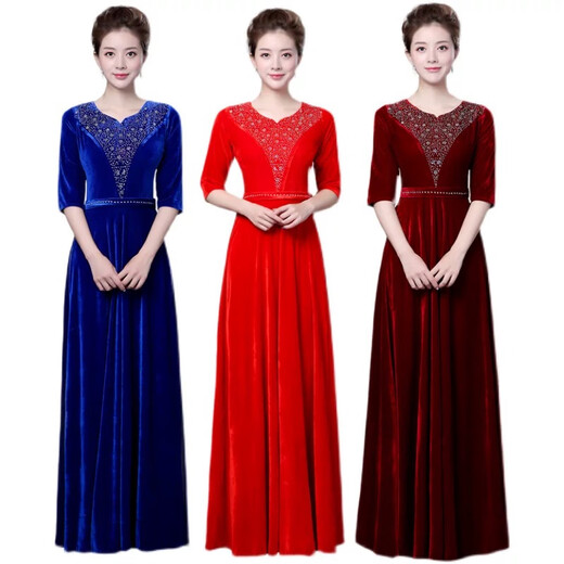 New gold velvet chorus suit host choir performance clothing adult fashion women's long skirt clothing evening dress burgundy middle-aged and elderly performance clothing women XL