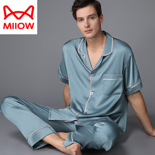 Catman (Miiow) Pyjamas Herren Sommerseide Dünne kurzärmelige Hose Frühling und Herbst Hauskleidung Seide Europa und Amerika 2025 Neuer Stil Schwarz grau 3899 l (Gewicht 100-130 Jin [Jin entspricht 0,5 kg])