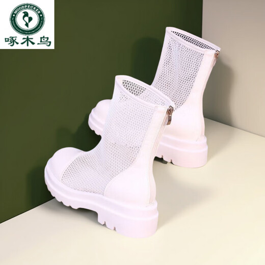 Boots de malla de cuero de cuero de carpintero de carpintería para mujeres en sandalias de medio tubo de verano tendencia blanca 35