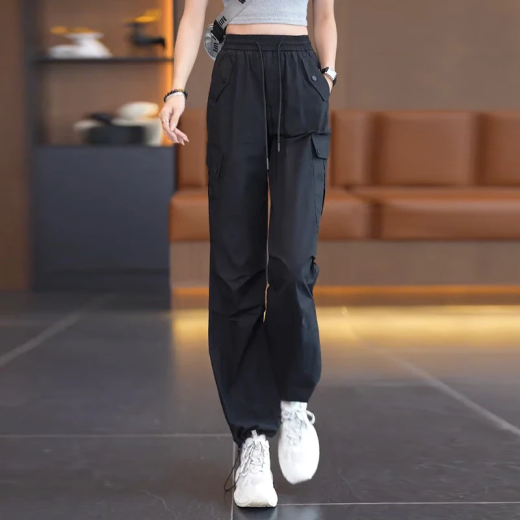 定原绿色美式工装裤女夏季薄款直筒裤2025新款高腰宽松阔腿速干运动裤 9929卡其色【夏款】 XL /29【115-125斤】