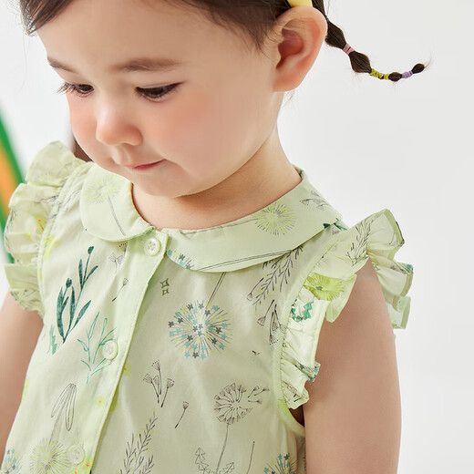 Mini Bara pure cotton breathable girls sweat-free sweet baby doll collar floral sleeveless shirt summer green and yellow tone 00343 120