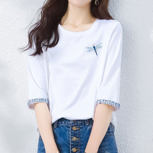 子耳广州13行中袖七分袖t恤女时尚女装洋气显瘦遮肚2025夏季春秋纯棉 W6172冰蓝 中.袖 M (建议80至105斤)