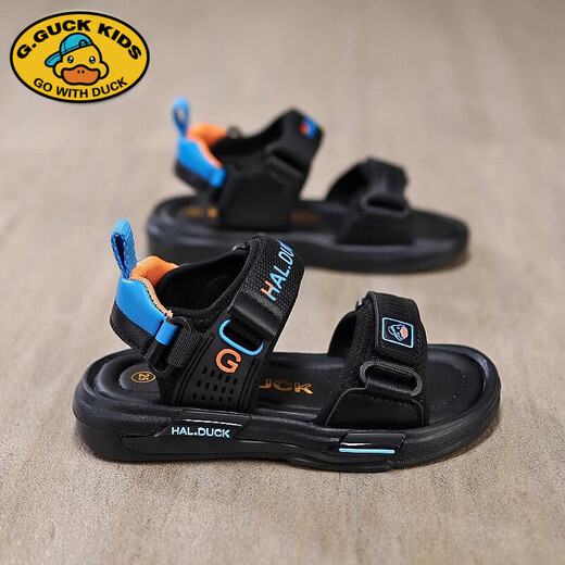 G.duck小黄鸭男童凉鞋夏款2025新款夏季男孩鞋子运动软底露趾儿童沙滩鞋 6212黑蓝 29 内长18.5cm
